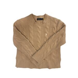 beige Polo Ralph Lauren cable-knit sweater, crafted from a wool-cashmere blend.